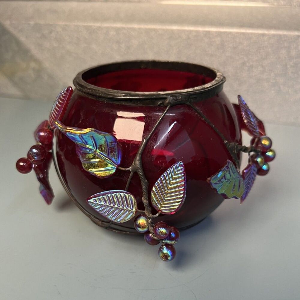 Vintage Cranberry Red Glass Centerpiece Bowl/Vase with Iridescent Leaves